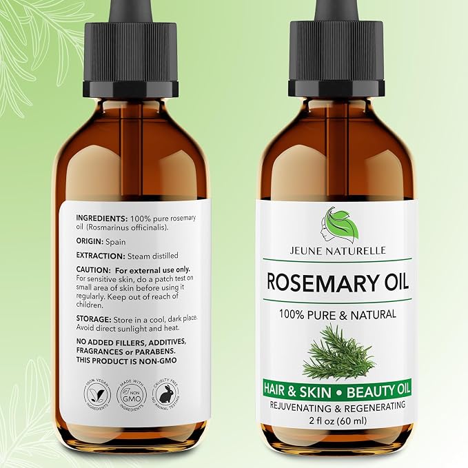 Jeune Naturelle Rosemary Oil for Hair Care, 100% Pure, Natural, Undiluted, Unrefined, Therapeutic Grade - Hair Growth Rosemary Oil, 2 oz