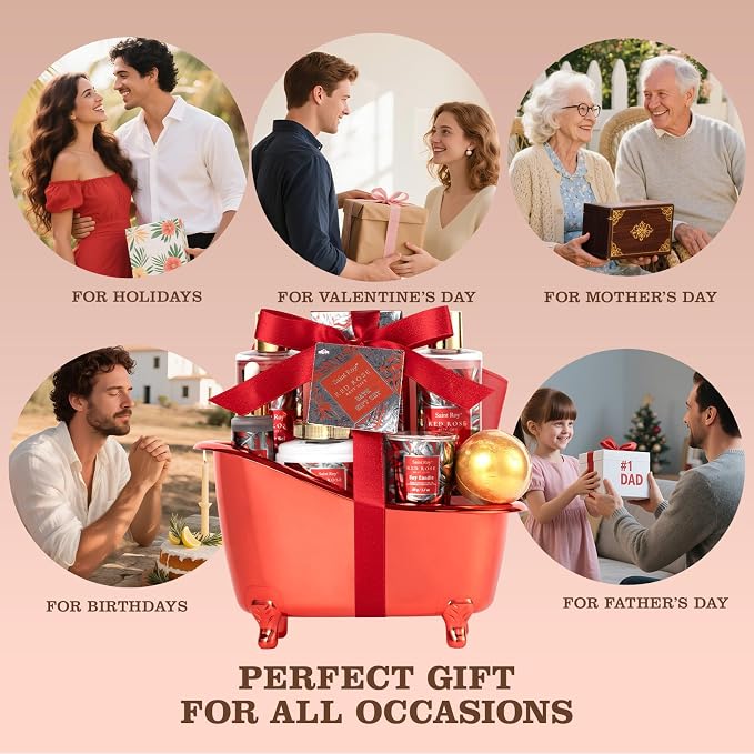 Spa Gift Basket Spa Gift Set For Women, Birthday Gifts for Her, Spa Gift Basket for Women, Red Rose Bath and Body in Floral Scents Bath Kits, Home Spa Gift Basket, Bath Spa Kit for Mothers day Lotion