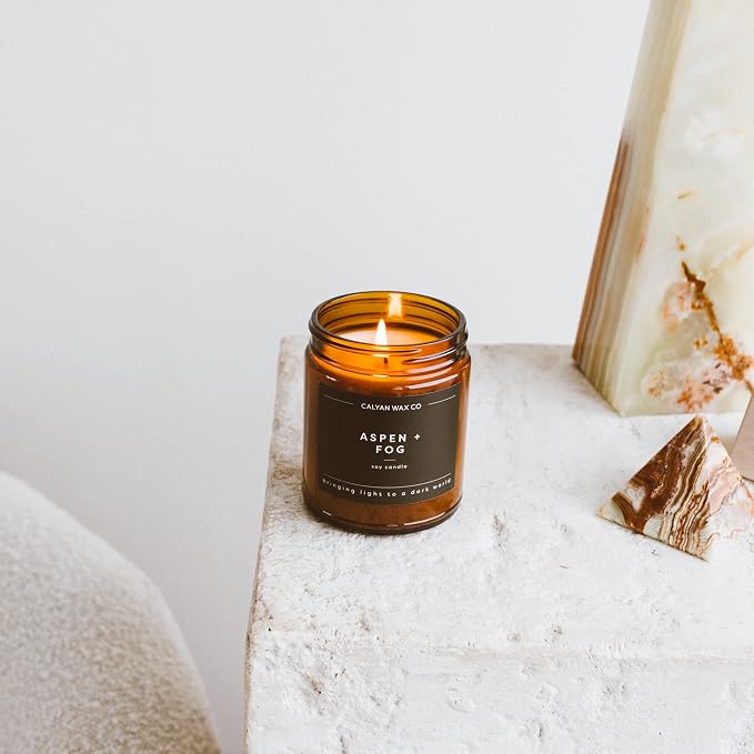 Calyan Wax Co. Aspen & Fog Scented Candle - 57 Hour Burn - Luxury Clean Soy Wax Candles - Long Lasting Amber Glass Jar Candle for Home - 7.2oz
