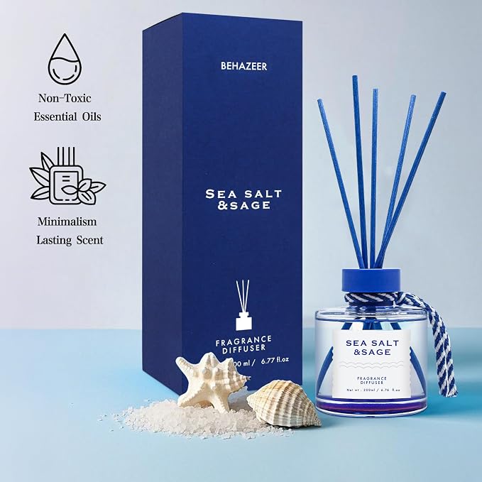 Sea Salt Reed Diffuser, 6.77OZ/200ML Large Capacity Natural Non-Toxic Oil, Long-Lasting Fragrance Reed Diffusers Set for Home and Bathroom, Aroma with 5 Reed Diffuser Sticks