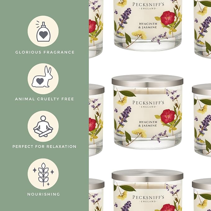 Pecksniff’s 3 Wick Candle – Jasmine & Hyacinth, 550 g / 19.4 oz – Long Lasting Burn, Elegant Home Decor & Relaxing Ambiance