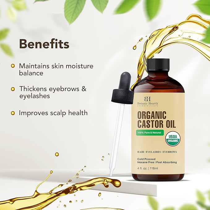 Botanic Hearth Castor Oil & Hair Treatment Oils 4 Fl oz| 100% Pure & Natural, Cold Pressed |For Hair, Eyelashes & Eyebrows | Hexane Free, Fast Absorbing | With Applicators & Dropper | All Hair Types