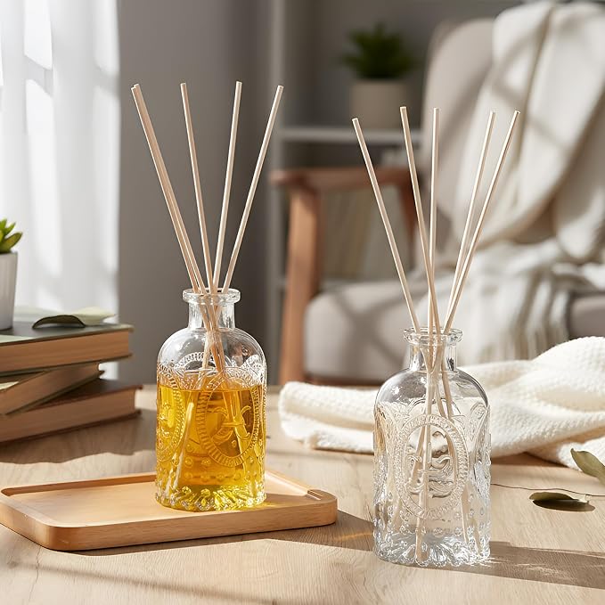 LemonRoad 2 Set Glass Reed Diffusers Bottles, Vintage Design Embossed Fleur Clear Diffuser Bottles with 50 Reeds Sticks, Cork Lids, Funnel, 200 ml 6.7 oz Empty Flower Bud Vases for DIY Fragrance