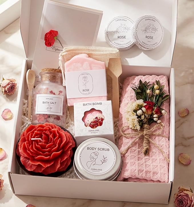Rose Spa Gifts for Women - 12pc Self-care Spa Gift Basket with Scented Candle, Bath Salt, Greeting Card - Thinking of You Basket for Her Birthday, Christmas, Mother's Day, Valentine's Day