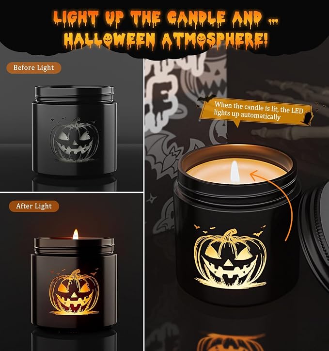 Halloween Decor Indoor-4 Pack Candles Set, LED Scented Candle,Halloween Gifts with Pumpkin|Skull|Ghost|Witch|, 80H Lasting Burn Candles for Home Decorations Indoor