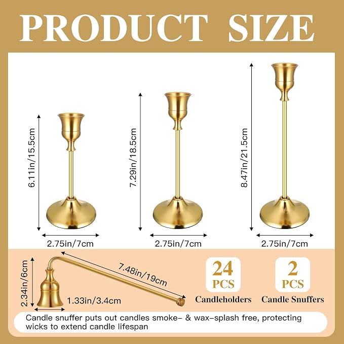 26 Pcs Brass Gold Taper Candle Holders Set, Vintage Metal Candlestick Holders Plus Candle Snuffer Brass Home Decor for Table Centerpiece,Wedding Reception,Festive Christmas Mantel Housewarming