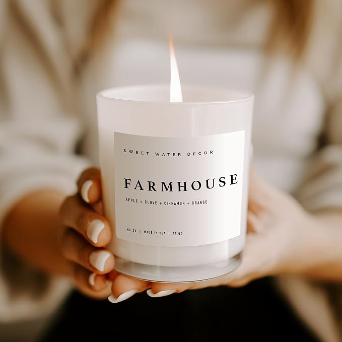 Sweet Water Decor Farmhouse Candle | Autumn, Cinnamon, and Nutmeg, Fall Scented Soy Candles for Home | 11oz White Glass + Wood Lid, 50+ Hour Burn Time, Made in the USA