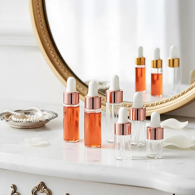 8 Pack Eye Dropper Bottle Rose for Essential Oils Mini Dropper Bottle Glass Vials Bottles Empty Travel Oil Droppings Bottles with Cap for Essence Liquid Cosmetic Containers (1ml, 2ml, 3ml, 4ml)