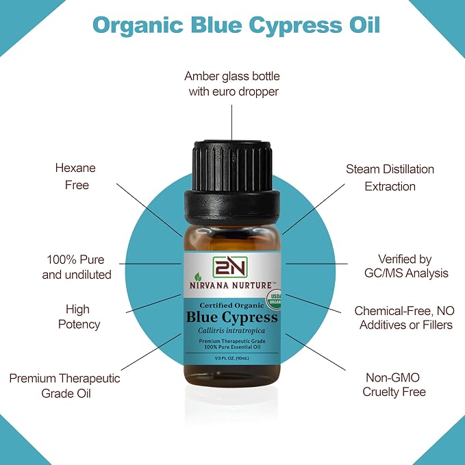Blue Cypress Essential Oil, USDA Certified Organic, 100% Pure Undiluted, Aromatherapy Oil for Diffuser, Hair & Skin Care