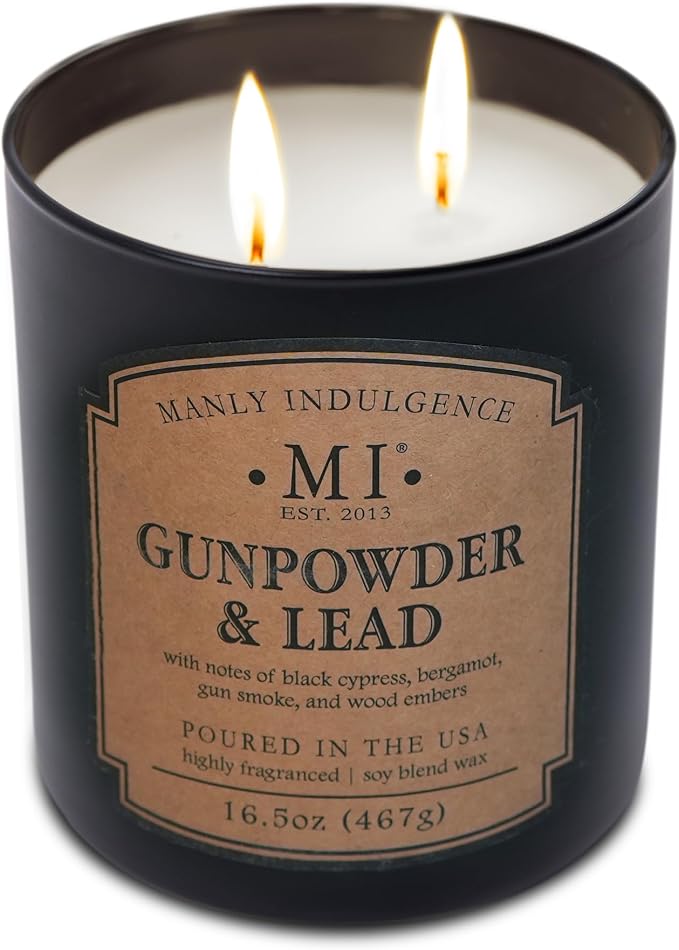 Manly Indulgence Gunpowder & Lead Candles for Men, 2 Wick, 16.5 oz, Premium Soy Blend Wax, 60H Burn, Candles for Home Scented - Made in The USA