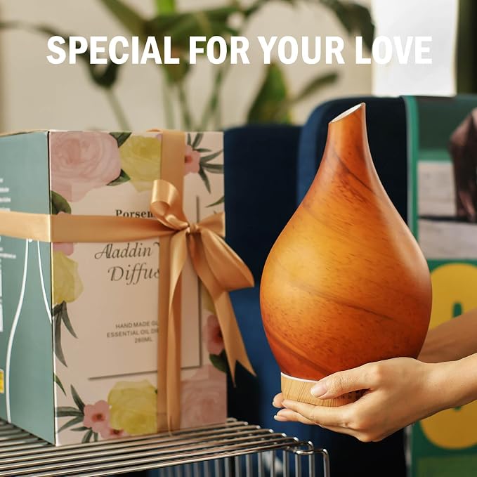Porseme 280ml Essential Oil Diffuser Glass Color Changing Aroma Air Diffusers Aromatherapy Ultrasonic Cool Mist Humidifier 7 Running Hours Waterless Auto-Off for Sleeping Yoga Office Spa(Caramel)