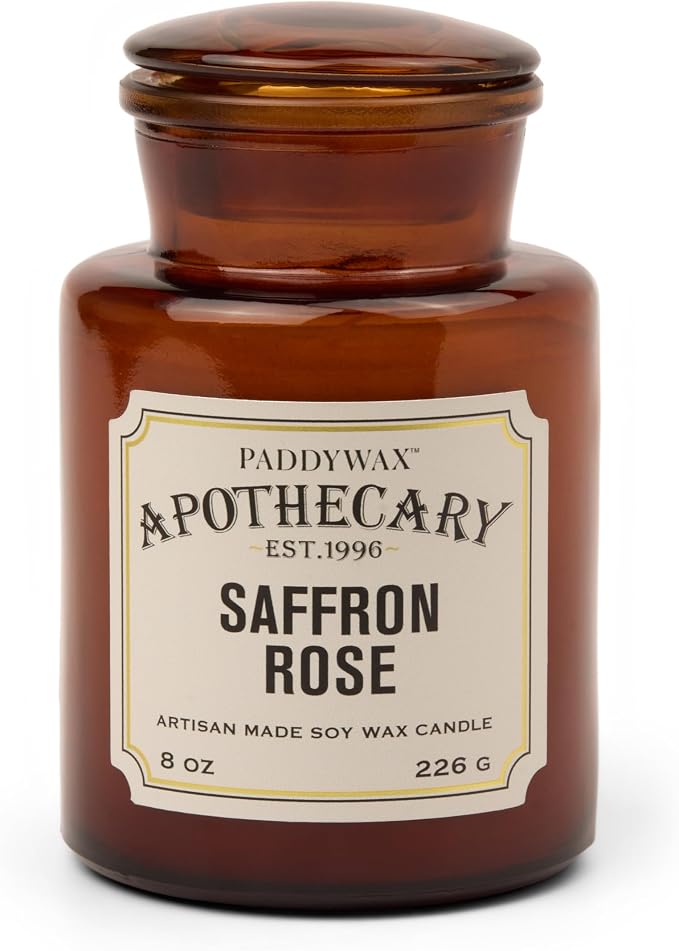 Paddywax Artisan Apothecary Scented Candle with Lid in Reusable Glass Jar, Clean-Burn Soy Candle with Approx. 54 Hour Burn Time, Saffron & Rose, 8 oz