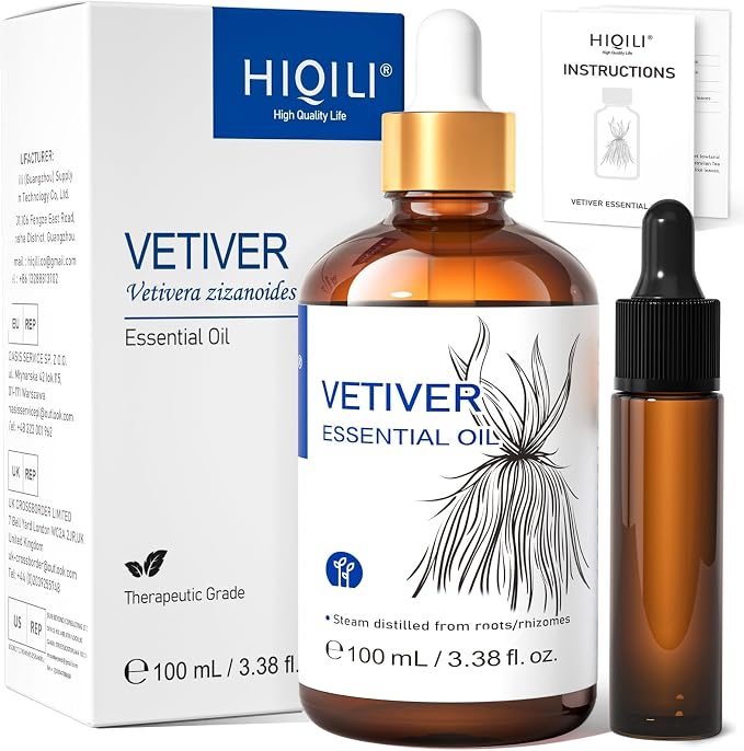 HIQILI 100ML Vetiver Essential Oil, for Diffuser Calm and Relation- 3.38 Fl Oz