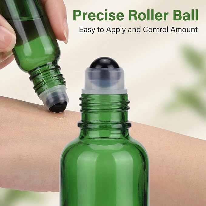 erioctry 6PCS 30ml Empty Portable Green Glass Roll on Bottles With Stainless Steel Ball and Black Cap For Perfume Essential Oil Roller Bottles Vial Container Pot Jar Attar Bottle