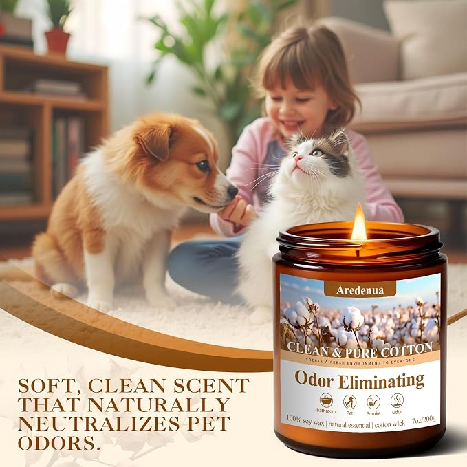 Clean & Pure Cotton Odor Eliminating Candles | Eliminates 95% of Pet, Smoke, Food & Other Smells – Fresh Air Scented Candle Gentle for Family - Up to 50 Hour Burn time - 7 Oz Natural Soy Wax