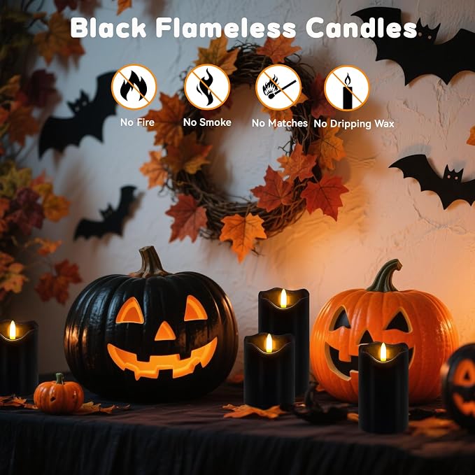 Flameless Candles Light, Set of 3 Flickering LED Candles with Remote & Timer, Dimmable Real Wax Electric Pillar Candles Battery Operated, Black Flameless Candles for Home Halloween Decor (Black)