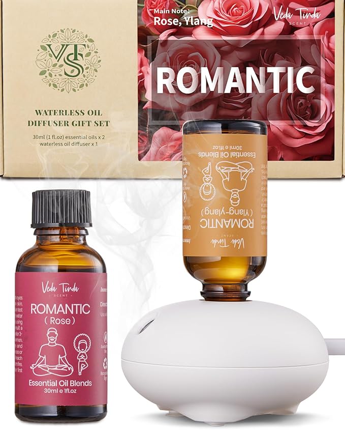 VTS Waterless Essential Oil Diffusers with Oils Set, Romantic Rose & Ylang-ylang Essential Oil Blend Gift Set for Women Mom Couples (1 fl.oz Rose Oil & 1 fl.oz Ylang-ylang Oil & Portable Diffuser)