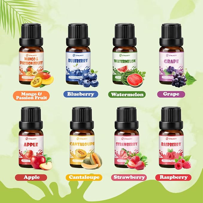 Fruity Fragrance Oil, Premium Fruit Essential Oils for Diffuser, Candle Soap Making Scents, 10ml/0.33fl.oz, Apple, Cantaloupe, Strawberry, Grape, Fruit Scented Oils for DIY, Bath Bombs Making
