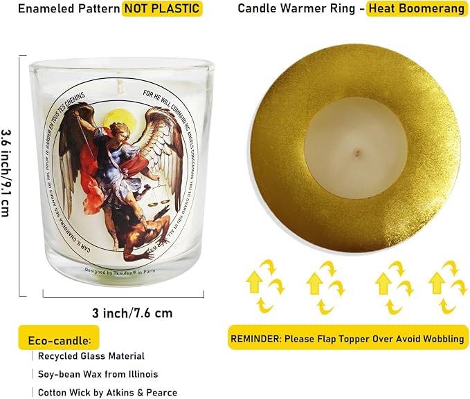 San Miguel Arcángel St. Archangel Michael Prayer Candle 50 Hours with Warmer Ring│Hand-Poured Soy Wax│Protection from Terror, Evil Banishing, Spiritual Warrior, Energetic, Defender│3“×3.6”