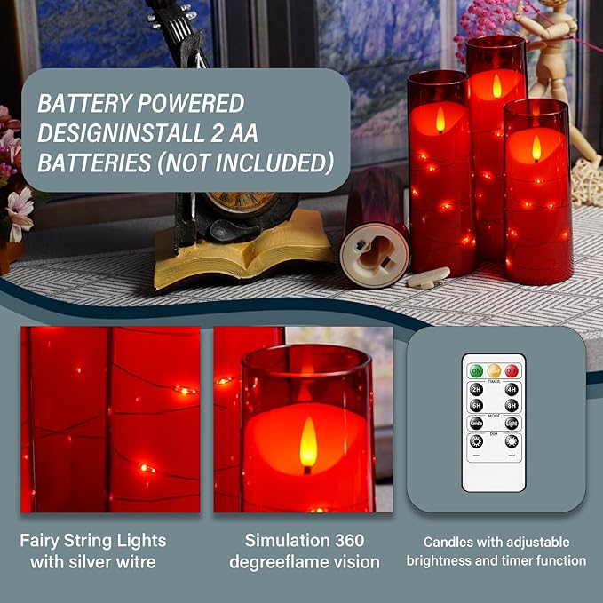 Eebuss Flameless Candles with Embedded Star String, Battery Operated LED Pillar Candles with Timer and Remote Control,Home Decorating for Ambiance， Set of 9 (Red)