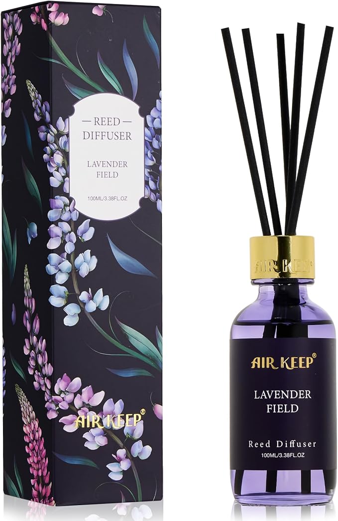 Airkeep Reed Diffuser Set, 3.38 fl oz (100 ml) - Lavender Field Oil Diffusers with 8 Reed Sticks, Home Fragrance Reed Diffuser for Bathroom Shelf Decor