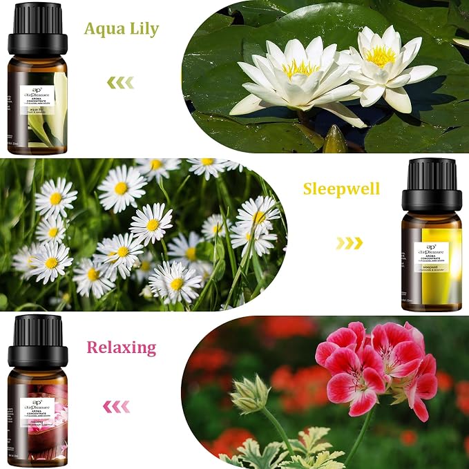 Floral Essential Oils Set, 6x10ml Fragrance Oils Kit for Diffuser, Humidifier, Aromatherapy, Air Purifier - Aqua Lily, Sleepwell, Relaxing, English Violet, Bulgarian Rose, Lavender
