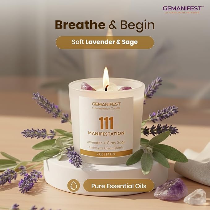 Angel Number 111 Manifestation Candle Crystal Infused Soy Wax with Amethyst & Clear Quartz Lavender & Clary Sage Scented Spiritual Gift for Meditation Affirmation and Energy Alignment