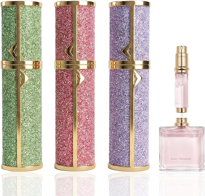 Glitter Travel Perfume Bottle Refillable With Case, Luxury Zinc Alloy Mini Perfume Atomizer for Women, Leak-Proof Purse Spray Bottle for Fragrance,Lovely Gift Set, TSA Approved 5ML 3 Pcs