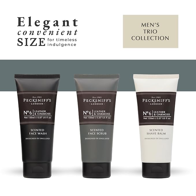 Pecksniff’s Men’s Trio Face Collection – Leather & Oakmoss – Face Wash, Scrub & Shave Balm Gift Set, 3 x 75ml
