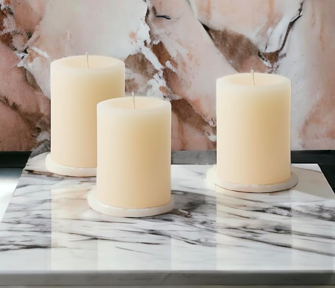 Mister Candle Dripless Unscented Ivory Pillar Candles, Set of 3 Hand Poured Solid Color Non-Scented Candles for Home Decor, Premium Wax, 60 Hr Burn Time - 3x4 Inch, Ivory