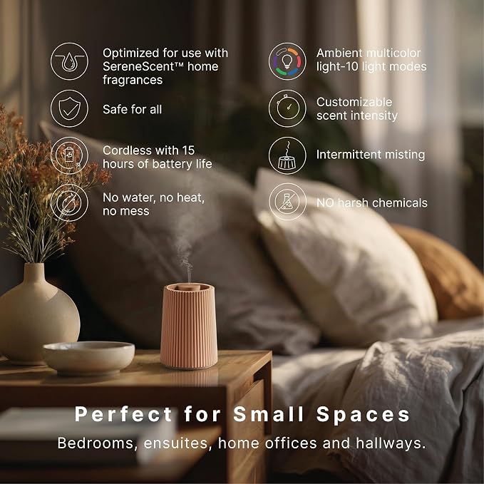 Homedics Waterless Essential Oil Diffuser with 15ml Vanilla Cedarwood Fragrance Oil. SereneScent Cordless Cold Air Scent Diffuser Starter Kit with Ambient Light, Studio 671 (Terracotta)