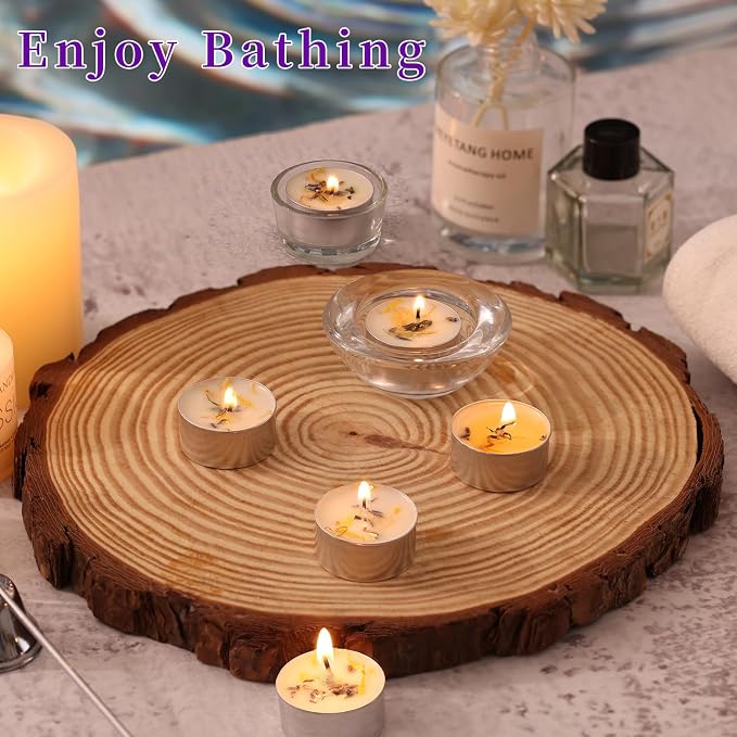 8 Pcs Lavender Scented Tealight Candles, 6H Long Burning - 100% Palm Wax Based Scented Tea Lights with Dried Flowers, Non-Toxic/Smokeless Tea Lights Candles for Spa, Bath, Wedding