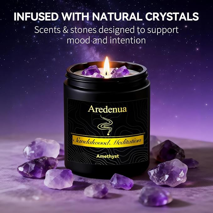 Candle for Meditation and Spiritual Practice - Sandalwood Aromatherapy Candle with Amethyst Healing Crystal, Natural Soy Wax Scented Candle for Yoga Mindfulness, 7oz Long Lasting, Zen Gift