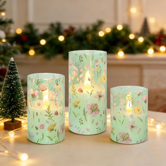Flameless Candles with Remote Timer, Glass Battery Operated LED Candles, Green Floral Design, Cylindrical Shape, Set of 3 for Home Party Wedding Decor