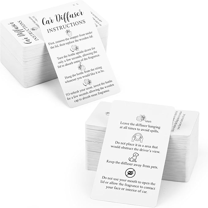 240Pcs Car diffuser instruction cards Care car hanging diffuser card Car diffuser accessories for Car Oil Diffuser Bottles Package Bag Supplies 3.54 x 2.12inch White
