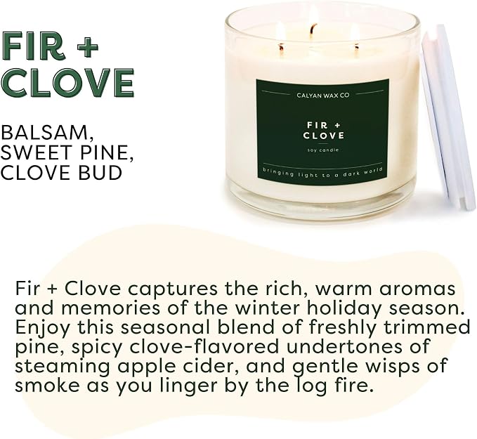 Calyan Wax Co. Fir & Clove 3 Wick Scented Candle - 43 Hour Burn - Luxury 3 Wick Soy Candles - Clean Soy Wax Candles - Long Lasting Large Glass Jar Candle for Home - 14.9oz