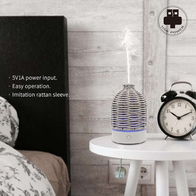 VICTORIA AROMA Essential Oil Diffuser - Multifunction Aromatherapy Diffuser 7 LED Color Changing Light 100ML Rattan Diffuser Easy to Clean Suitable for Home,Office (Grey)