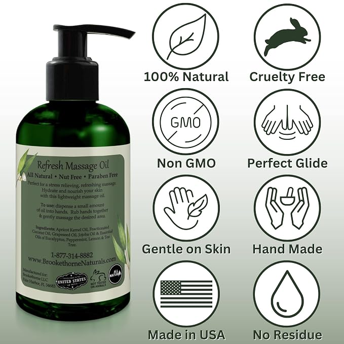 Refresh Massage Oil for Massage Therapy with Eucalyptus & Peppermint Essential Oils - All Natural - Ideal for Full Body Relaxation – Nut Free Formula 8oz