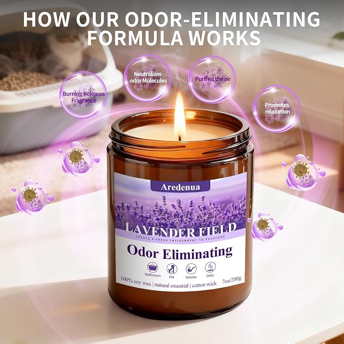 Lavender Odor Eliminating Candles | Eliminates 95% of Pet, Smoke & Bathroom Odors – 7oz Hand Poured Soy Candle - Aromatherapy Stress Relief Scented Candles - Relaxing Gifts for Calm & Fresh Homes