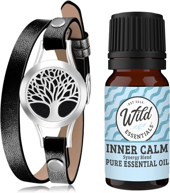 Wild Essentials Black Tree of Life Diffuser Wrap Bracelet Kit – Adjustable 5"–7.5" Leather + 316L Stainless Steel Locket, 12 Color Pads (17mm) – Includes Inner Calm (1 x 10ml)