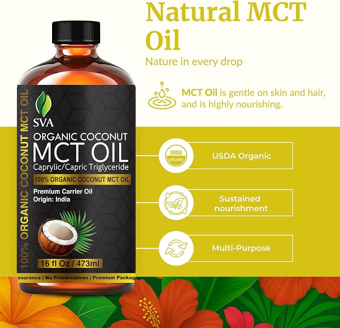SVA MCT Oil Organic - 16 Fl Oz – 100% Natural Cold Pressed Organic MCT Oil - for Face, Skin Care, Hair Care, Scalp Massage & Body Massage – Carrier Oil
