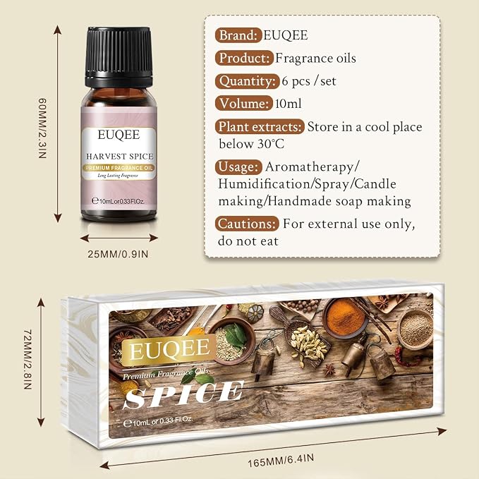 EUQEE 6PCS Spice Autumn Fragrance Oil Set, Scented Oils for Candle Making, Diffusers Aromatherapy Halloween Fragrance Oils for Diffuser & DIY Candles-Sandalwood, Harvest Spice, Bay Rum, Snickerdoodle