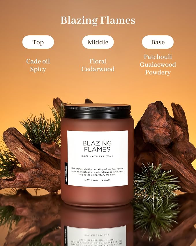 M&SENSE Blazing Flames Scented Candles, Soy Wax 19.4oz 110 Hours Long Lasting Clean Burn, Warm Woods Aromatherapy Candles for Relaxation Large Candle Birthday Holiday Gifts for Men Women