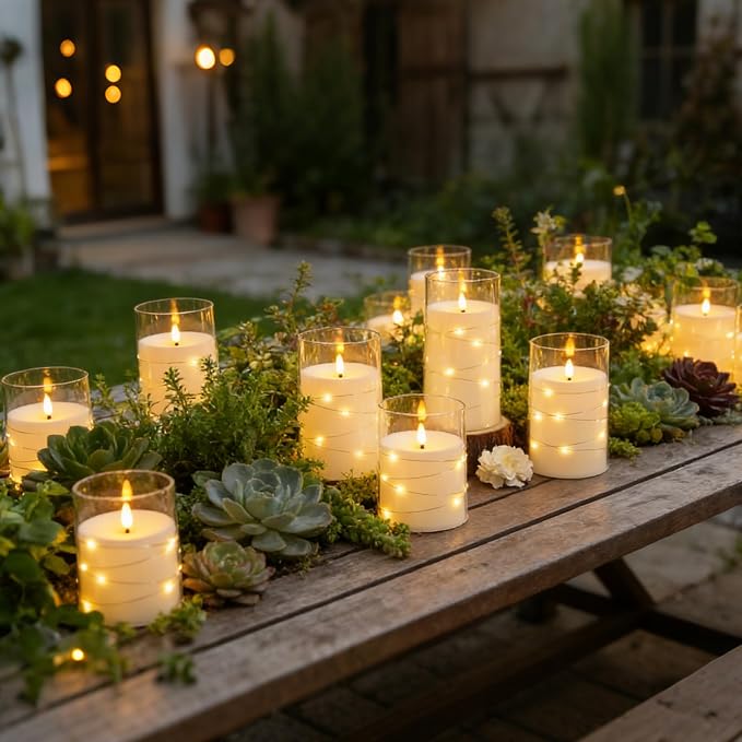 kakoya Flameless LED Candles with Timer 12 Pc Flickering Flameless Candles for Romantic Ambiance and Home Decoration Stable Acrylic Shell,with Embedded Star String，Battery Operated Candles(White)