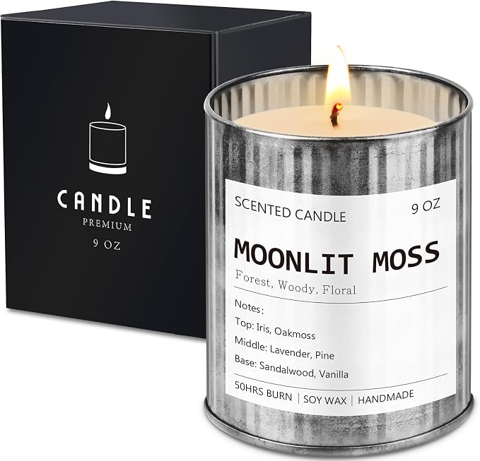 Scented Candle for Men - Vintage Library Inspired - Rustic Vintage Candle in Metal Tin for Home Scented - Soy Wax Men Candles - Long Lasting with 50 Hour Burn Time, 9oz, Iris & Oakmoss