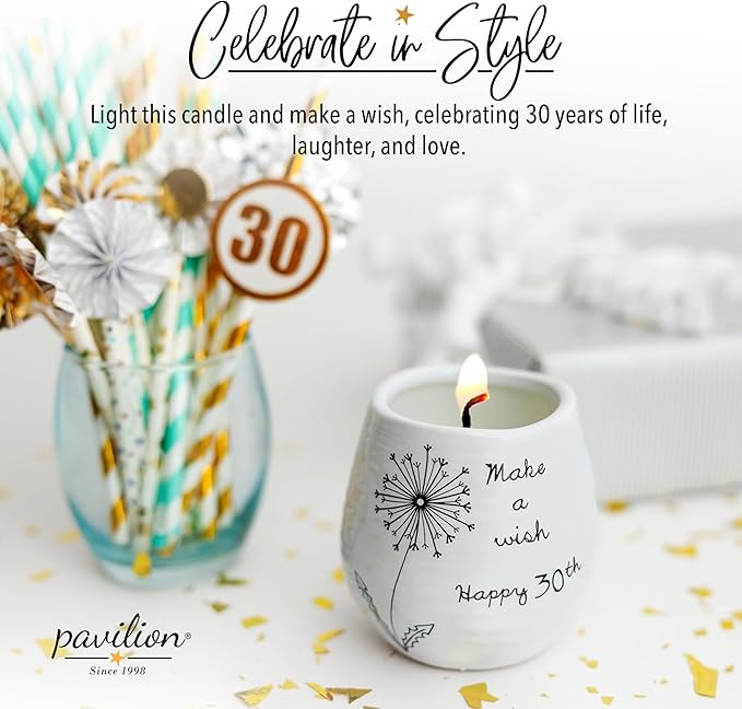 Pavilion Gift Company - 8 Oz Candle Holder - White Ceramic Candle Jar with 100% Soy Wax Candle Serenity Scent "Make a wish Happy 30th" Ideal Gift for Loved Ones - Printed Text, Love Theme & Oval Shape