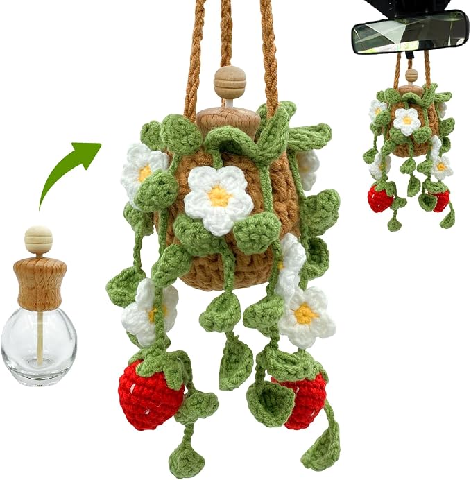 Crochet Car Air Freshener, 15ml Empty Refillable Oil Diffuser Bottle with Hanging Crochet Cute Plant for Car Rearview Mirror Decor Air Freshener Diffuser for Home and Office Decor(Two Strawberry)