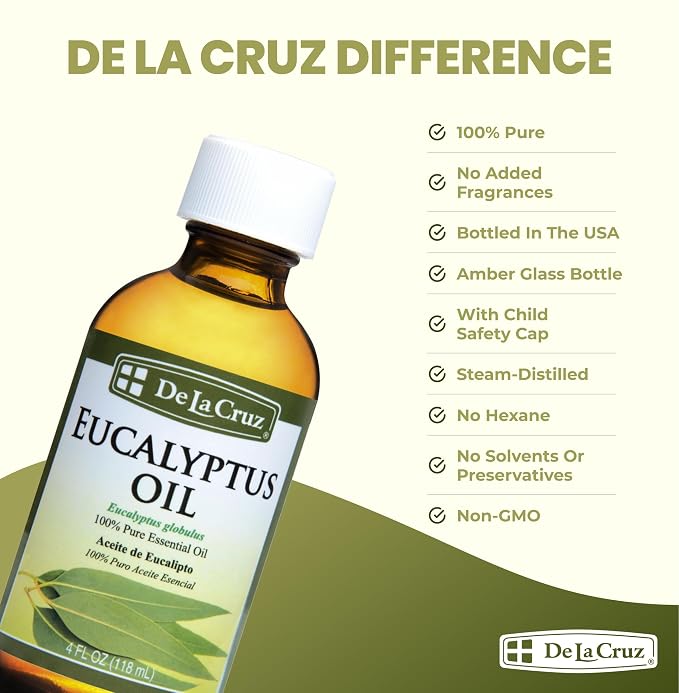 De La Cruz Eucalyptus Essential Oil, 100% Pure Steam Distilled Eucalyptus Globulus, Eucalyptus Oil, Eucalyptus Essential Oil for Diffuser, 4 FL OZ, Aromatherapy, Tree Oil,Long Lasting Scent