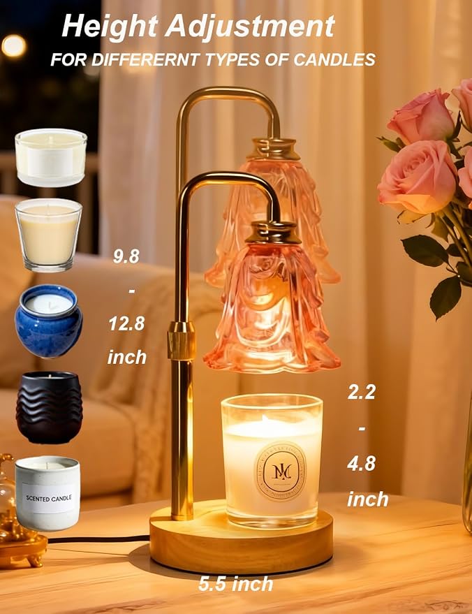 Candle Warmer Lamp, Pink Flower Glass Candle Lamp with Timer, Birthday Gifts for Mom Women, Dimmable Height Adjustable Home Gifts, Home Decor for Home Bedroom Office Fragrance