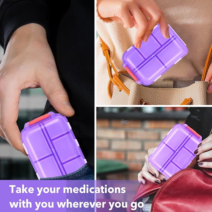 Travel Pill Organizer with 189 Labels, 10 Compartments Pill Travel Case Travel Medicine Organizer Purse Essentials Travel Daily Pill Container Mini Pill Case(Purple, 1 Pack)